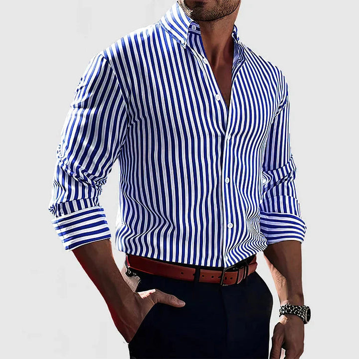 Men's stylish long-sleeve striped button-down shirt, perfect for casual or business attire. Modern slim fit comfort.