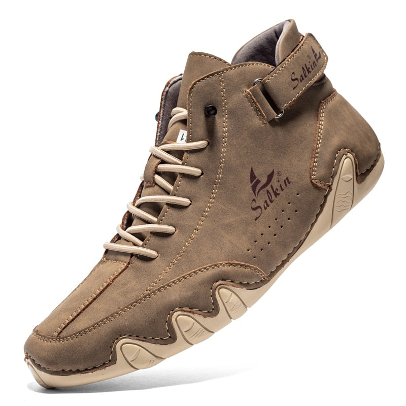 Man enjoying comfort in stylish orthopedic walking shoes, providing excellent foot support.