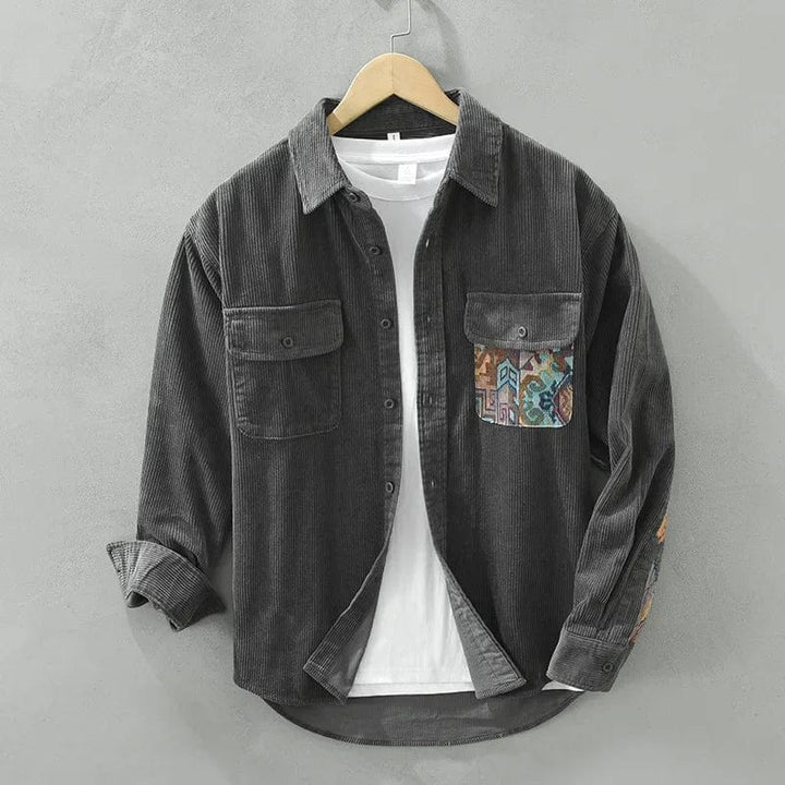 Comfortable cotton men's shirt, long sleeve with stylish patchwork and practical chest pockets. Unique fashion.