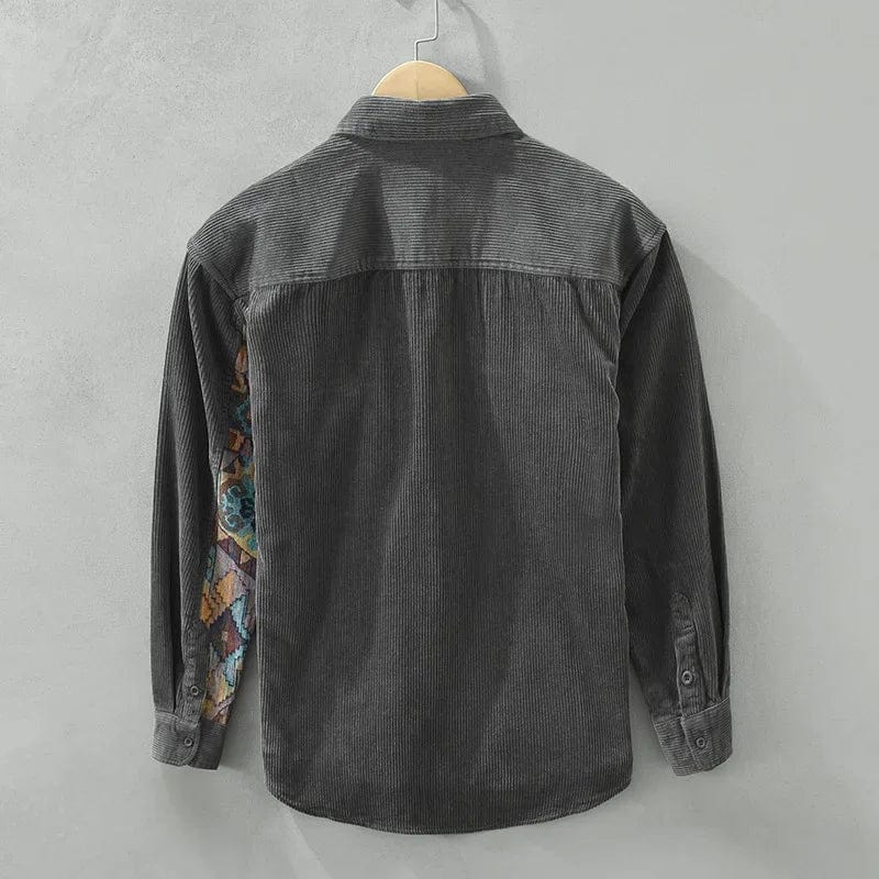 Unique design men's patchwork long sleeve shirt with chest pockets. Stylish and versatile cotton top for men.