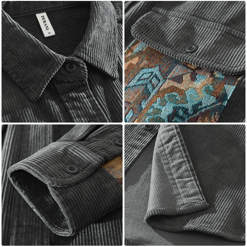 Men's stylish patchwork long sleeve shirt, casual cotton top with pockets. Modern fashion design for everyday.