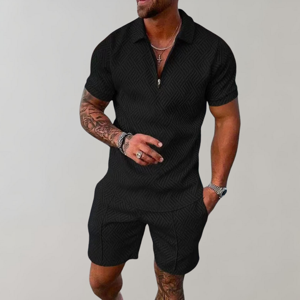 Men's stylish polo and shorts summer outfit. Casual two-piece set for warm weather comfort and leisure.