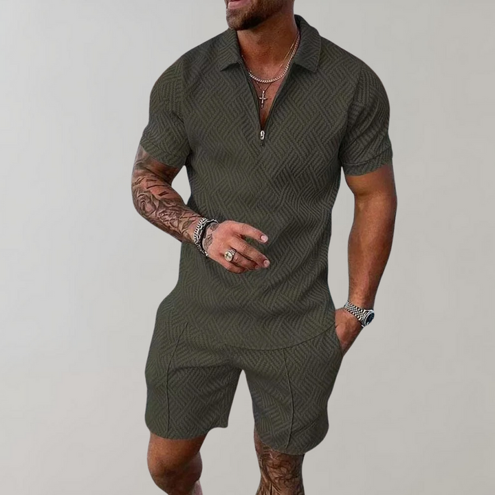 Close-up of men's casual polo and shorts set, highlighting comfortable fabric for stylish summer wear.