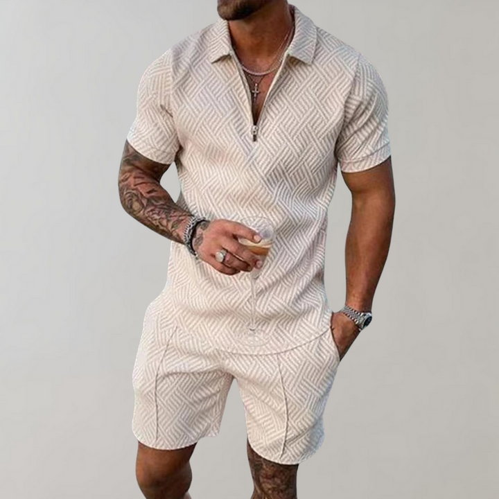 Man wearing a stylish men's polo and shorts summer outfit, perfect for casual resort wear and leisure.