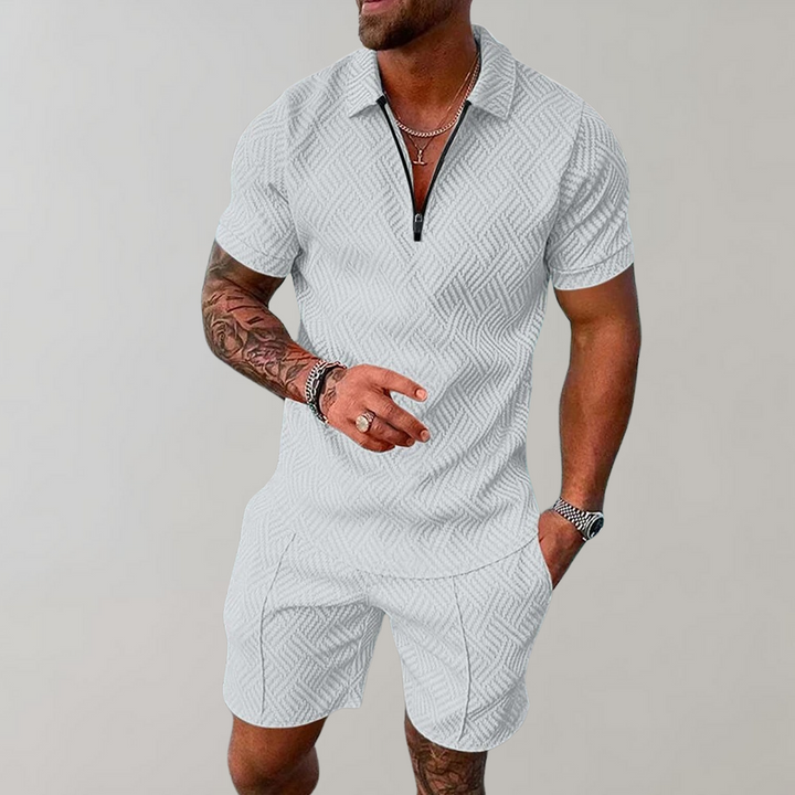 Comfortable men's shorts, completing a two-piece summer polo and shorts set. Perfect for leisure and resort wear.