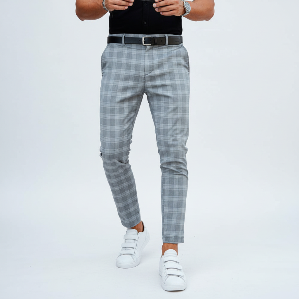 Full-length view of men's slim-fit striped chino trousers for men's apparel