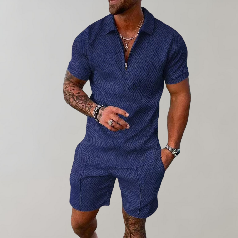 Trendy men's Aaron summer polo shirt & shorts matching set. Breathable polyester casual outfit for men's fashion.