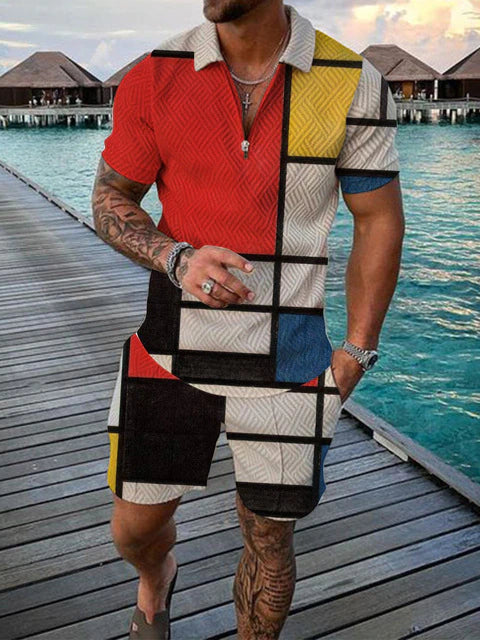 Comfortable men's summer shorts, matching polo for a stylish two-piece casual outfit & leisure wear.