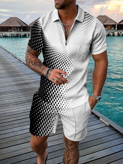 Men's stylish summer polo and shorts set on model, showcasing effortless casual fashion & comfort.