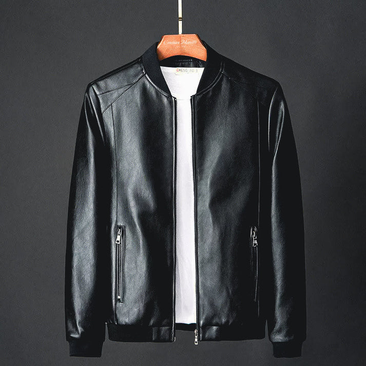 Versatile men's Tarek faux leather jacket in classic black. Stylish, lightweight outerwear for casual or urban looks.