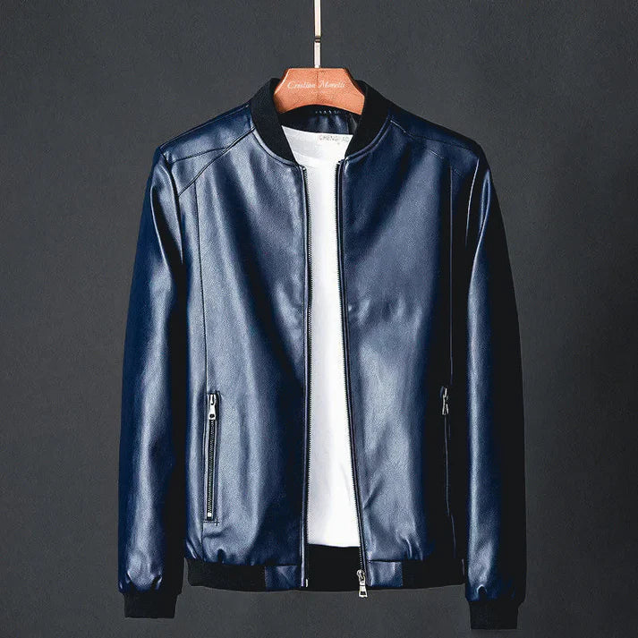 Stylish men's Tarek faux leather jacket with precision details. Tailored, lightweight design for modern casual menswear.