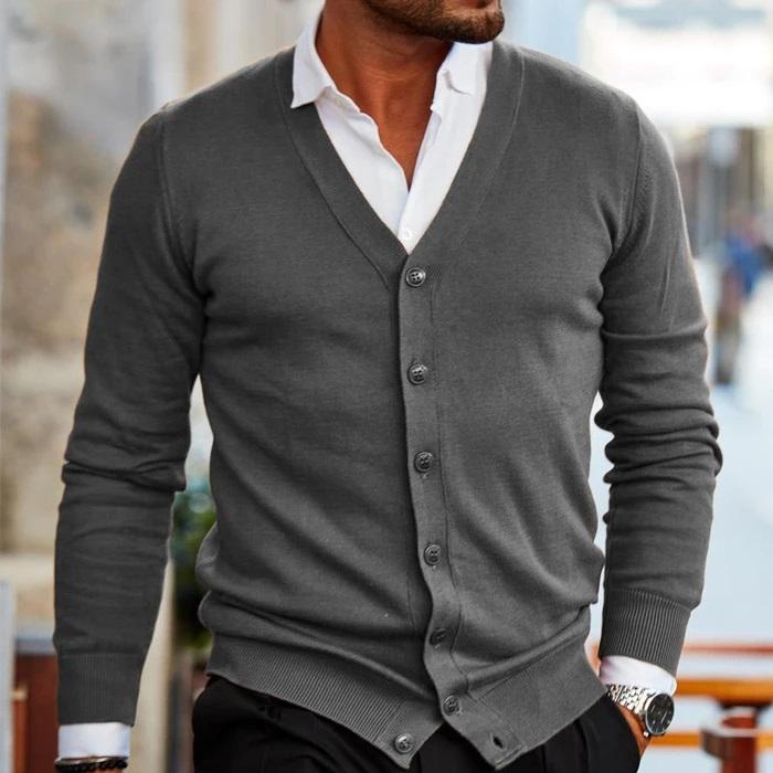 High-quality men's apparel: V-neck cardigan with elegant button details, perfect for a refined layered outfit.