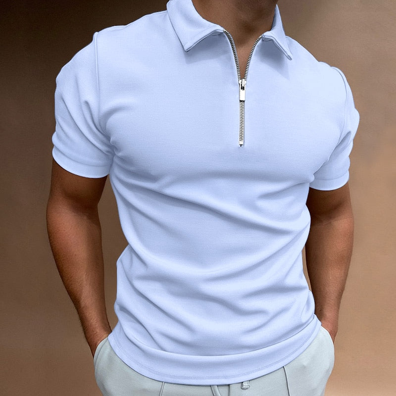 Men's stylish zip-up polo shirt, perfect for smart casual and everyday wear.