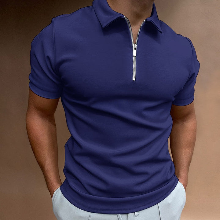 Modern men's zip-up polo shirt, combining style with everyday comfort for men's fashion.