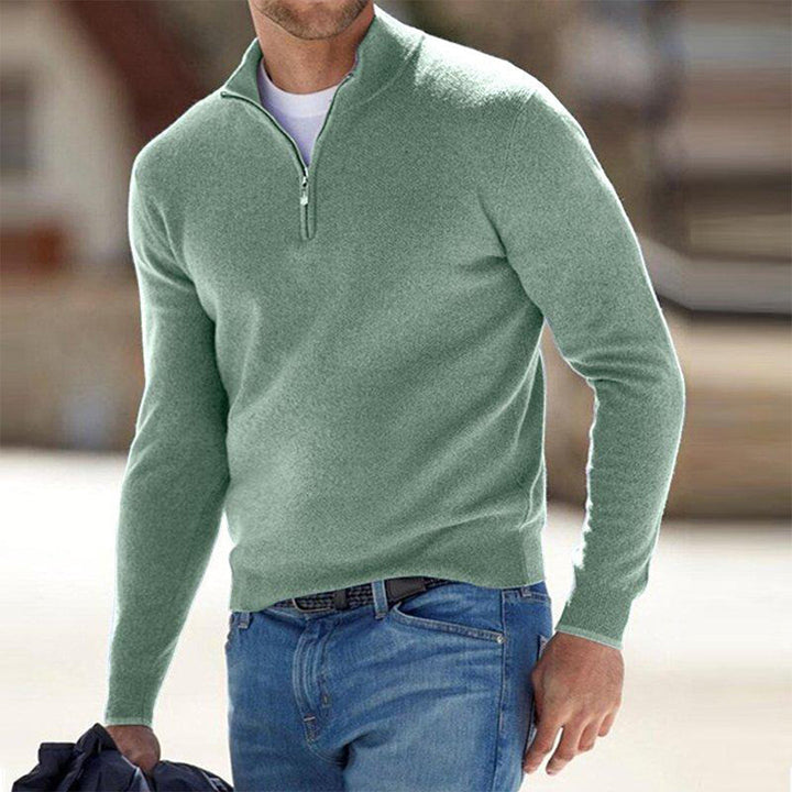 Effortless men's zip-up sweater for stylish layering. Comfortable long sleeve casual wear, perfect everyday outerwear.