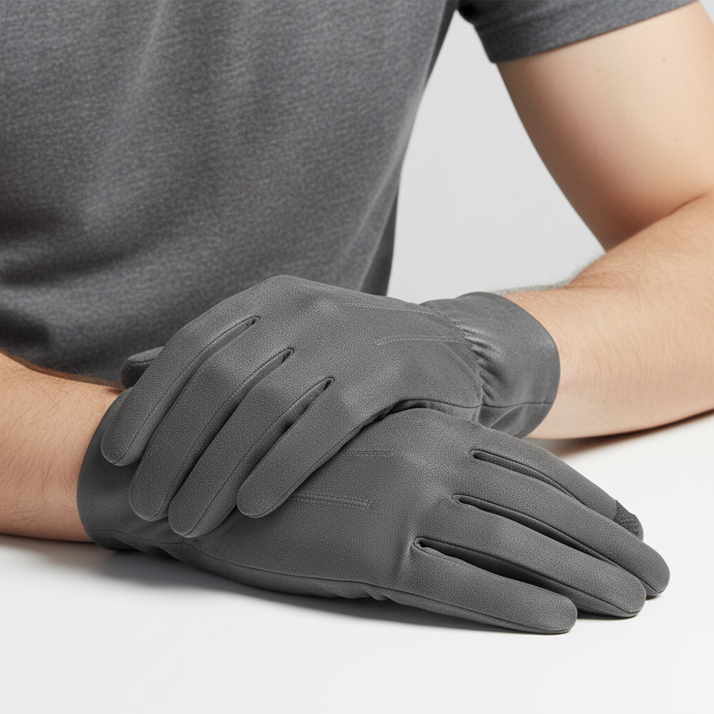 Pair of gray suede leather gloves for men with plush wool lining, suitable for cold weather