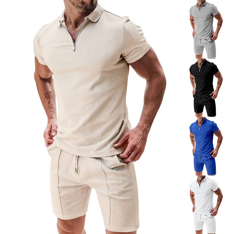 Men's summer outfit set: stylish button-down shirt and matching shorts. Perfect for casual warm weather & vacation.