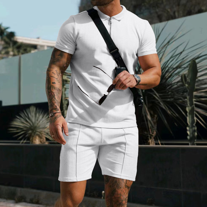 Relaxed fit men's summer button-down shirt & shorts set. Comfortable and stylish for warm weather outfits.