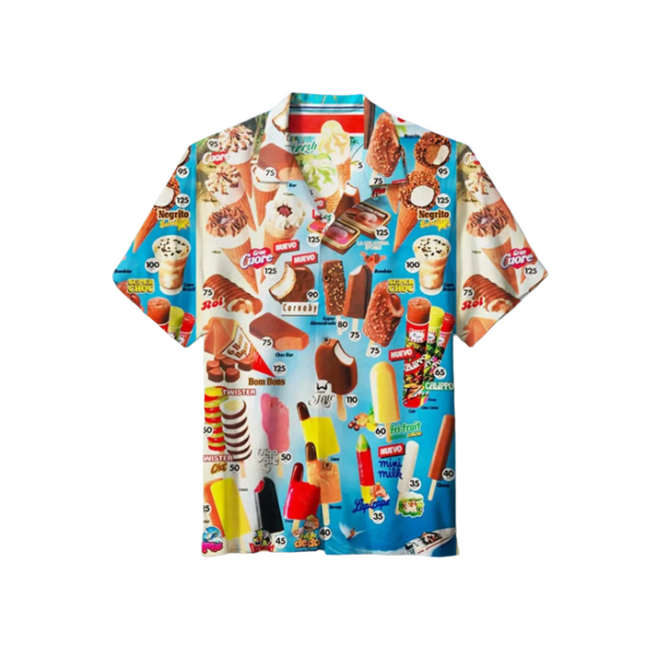 Men's summer shirt with vibrant ice cream print. Short-sleeve button-up, perfect for casual beachwear & vacations.
