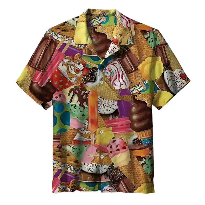 Casual men's summer shirt with a unique ice cream print. Lightweight, short-sleeve, and fashionable for warm weather.