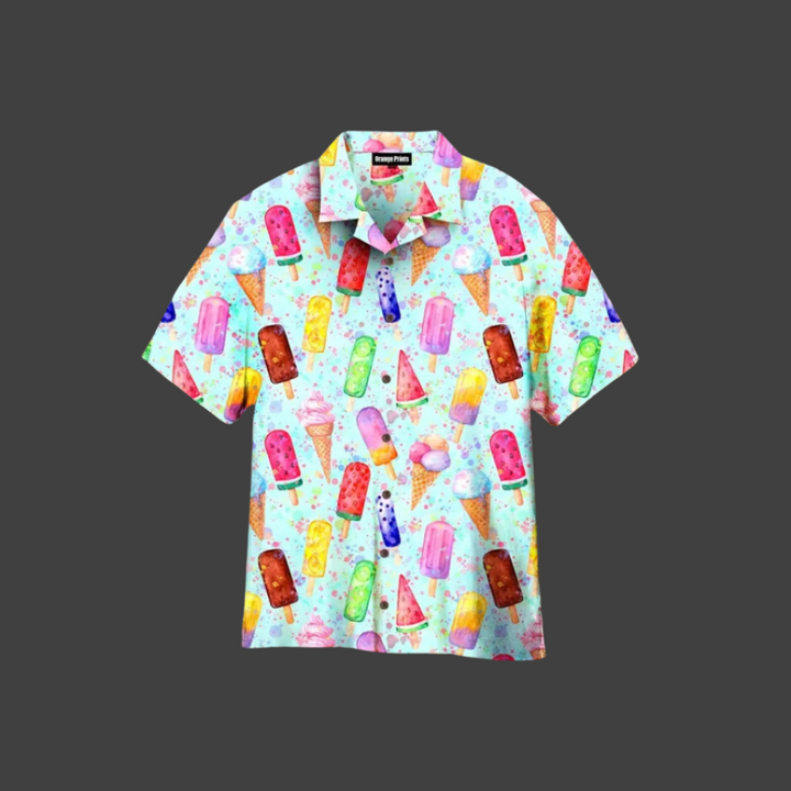 Stylish men's short-sleeve shirt in a button-up design, adorned with a playful ice cream graphic print. Summer fashion.