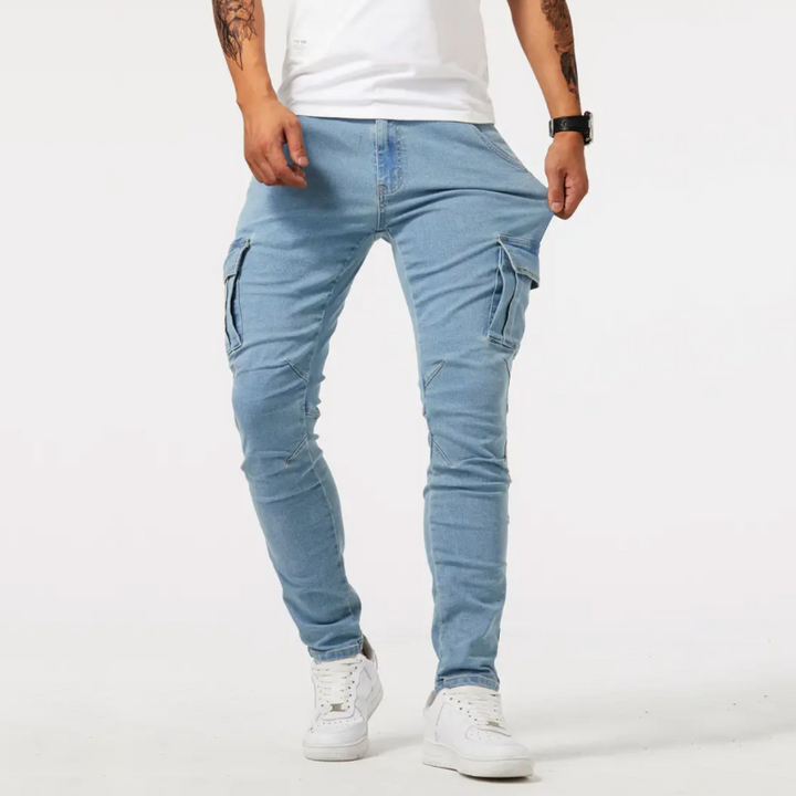 Modern men's super-stretch cargo jeans, durable for daily wear and versatile for casual or utility styles.