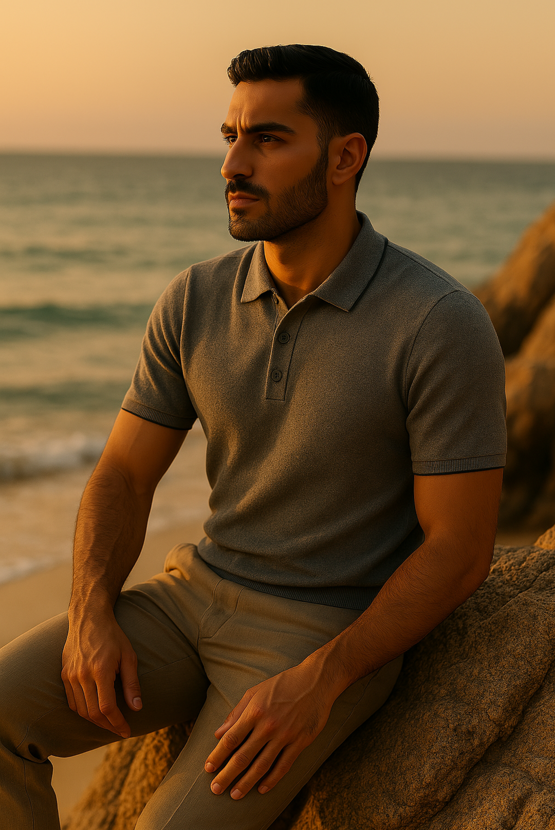 Men's tailored cashmere-merino wool polo shirt. Premium, classic, and elegant menswear top for versatile styling.