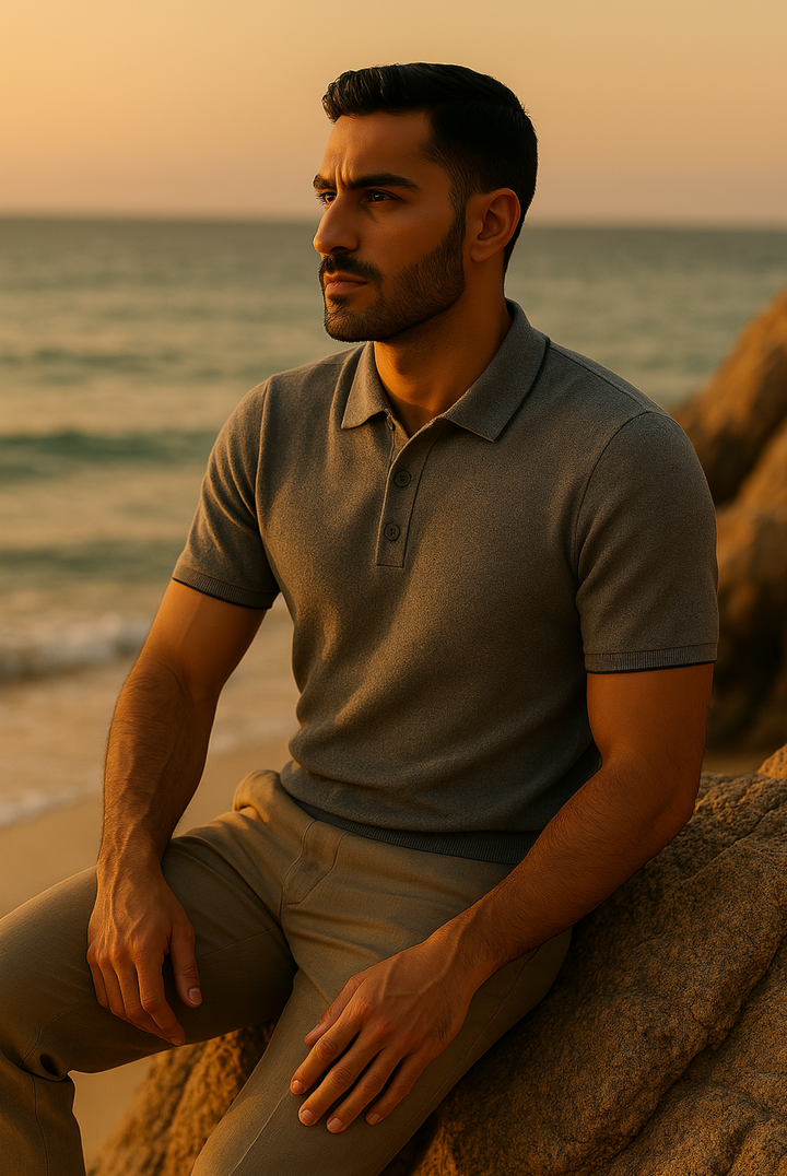 Men's tailored cashmere-merino wool polo shirt. Premium, classic, and elegant menswear top for versatile styling.