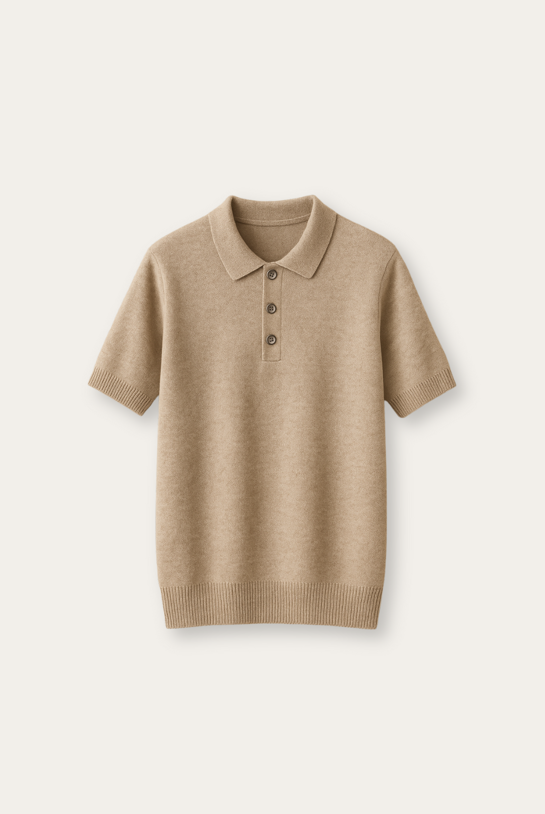 Men's tailored fit beige polo shirt made from luxurious cashmere-merino wool, ideal for smart casual wear.