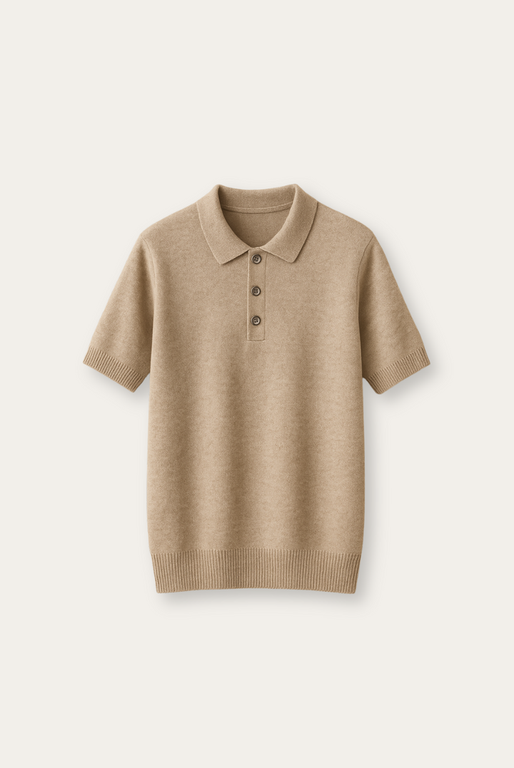 Men's tailored fit beige polo shirt made from luxurious cashmere-merino wool, ideal for smart casual wear.