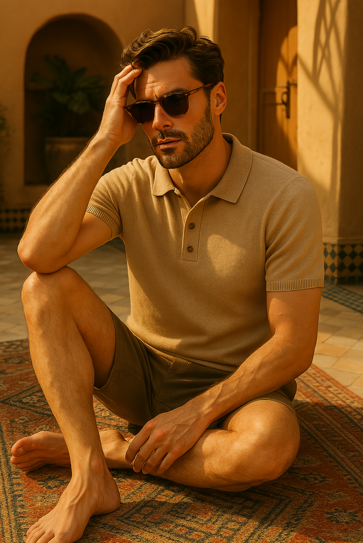 Classic beige men's knit polo shirt, tailored fit for elevated style & comfort. Perfect versatile everyday essential.