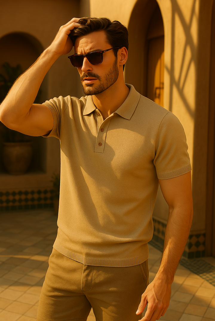 Caelan men's beige polo with a tailored fit, crafted from soft cashmere-merino wool, offering smart casual elegance.