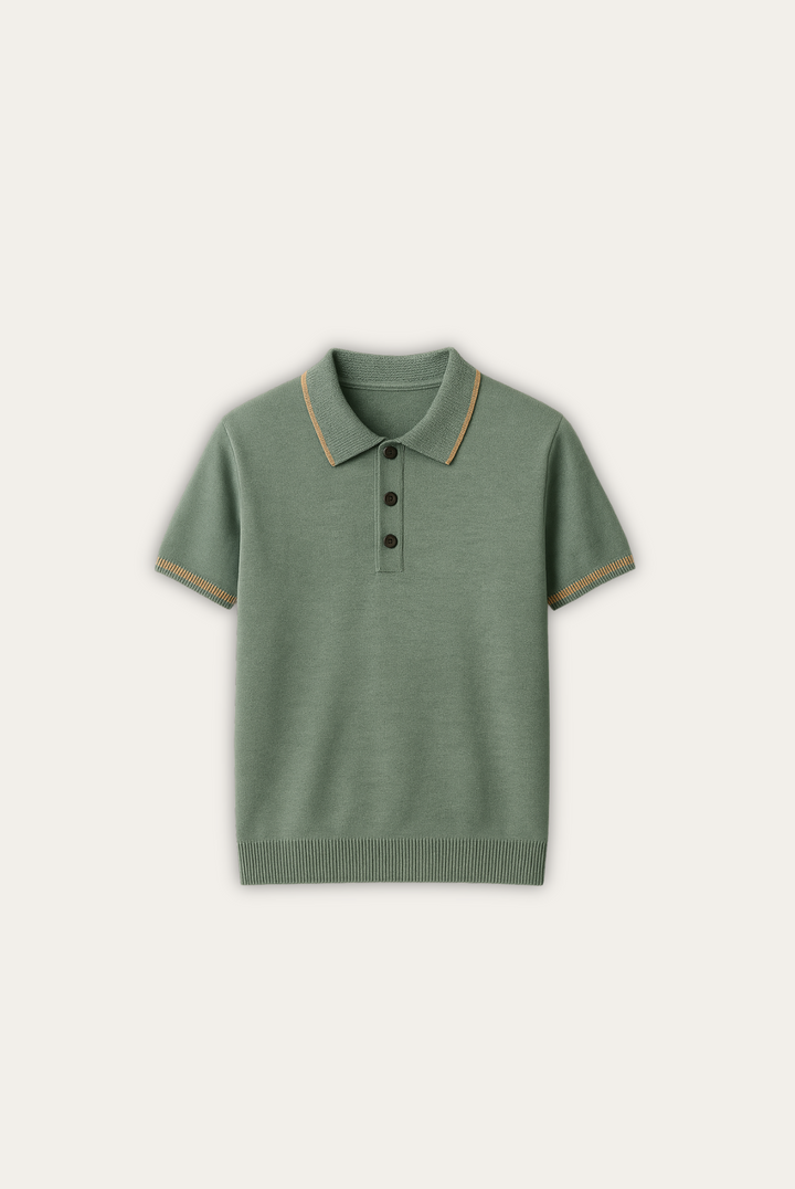 Green men's cashmere-merino polo shirt. Classic tailored fit, ideal for versatile smart casual gentlemen's wear.