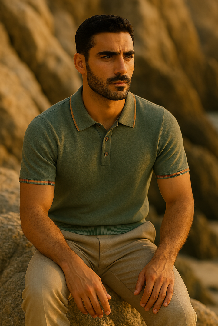 Levano men's refined style polo. Tailored fit long sleeve top in premium cashmere-merino for elevated essentials.