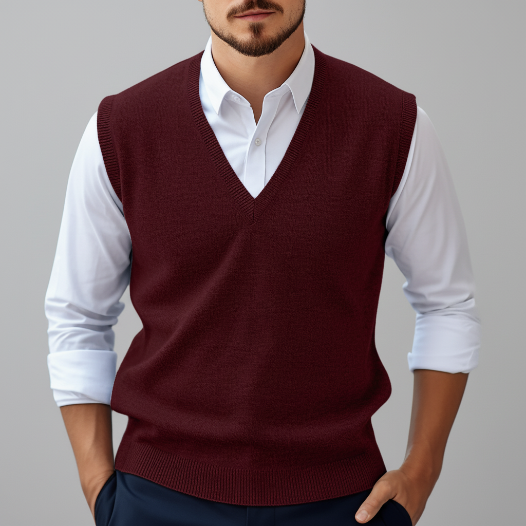 Close-up of men's casual knitwear cotton gilet, showing V-neck design and ribbed hem texture.