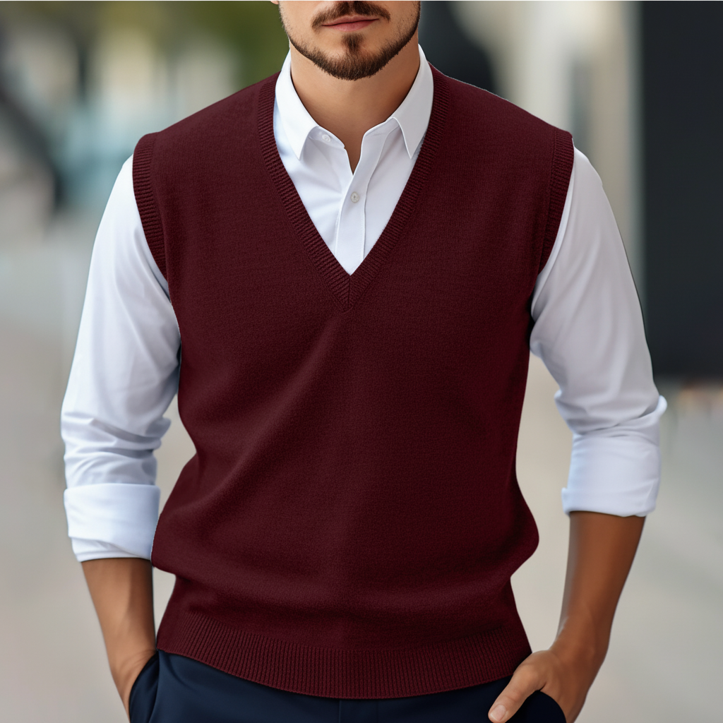 Front view of men's knitted cotton vest, V-neck style, ideal for spring and autumn layering.