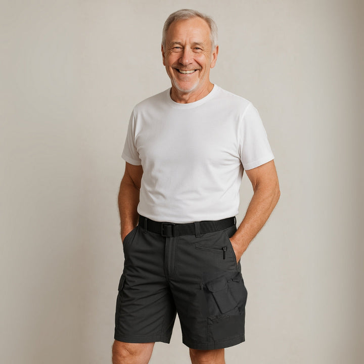 Durable men's utility cargo shorts, Taro color, featuring 7 versatile pockets and a free tactical belt.