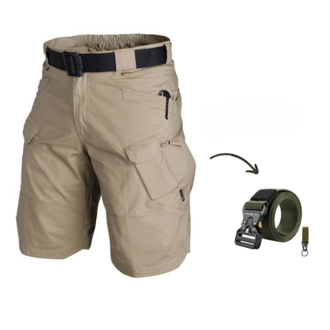 Rugged men's outdoor cargo shorts in Taro. Designed for durability with 7 pockets & an adjustable utility belt.