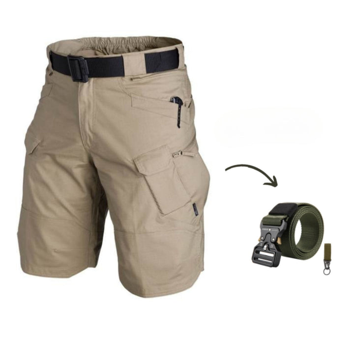 Rugged men's outdoor cargo shorts in Taro. Designed for durability with 7 pockets & an adjustable utility belt.
