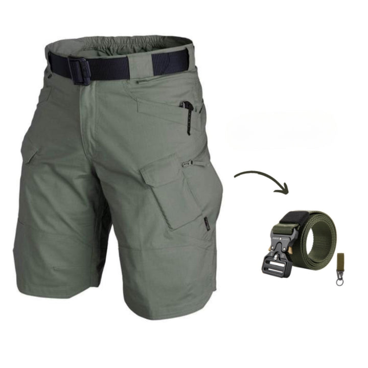 Men's tactical cargo shorts, Taro color, offering 7 practical pockets & a free belt. Ideal for active wear.