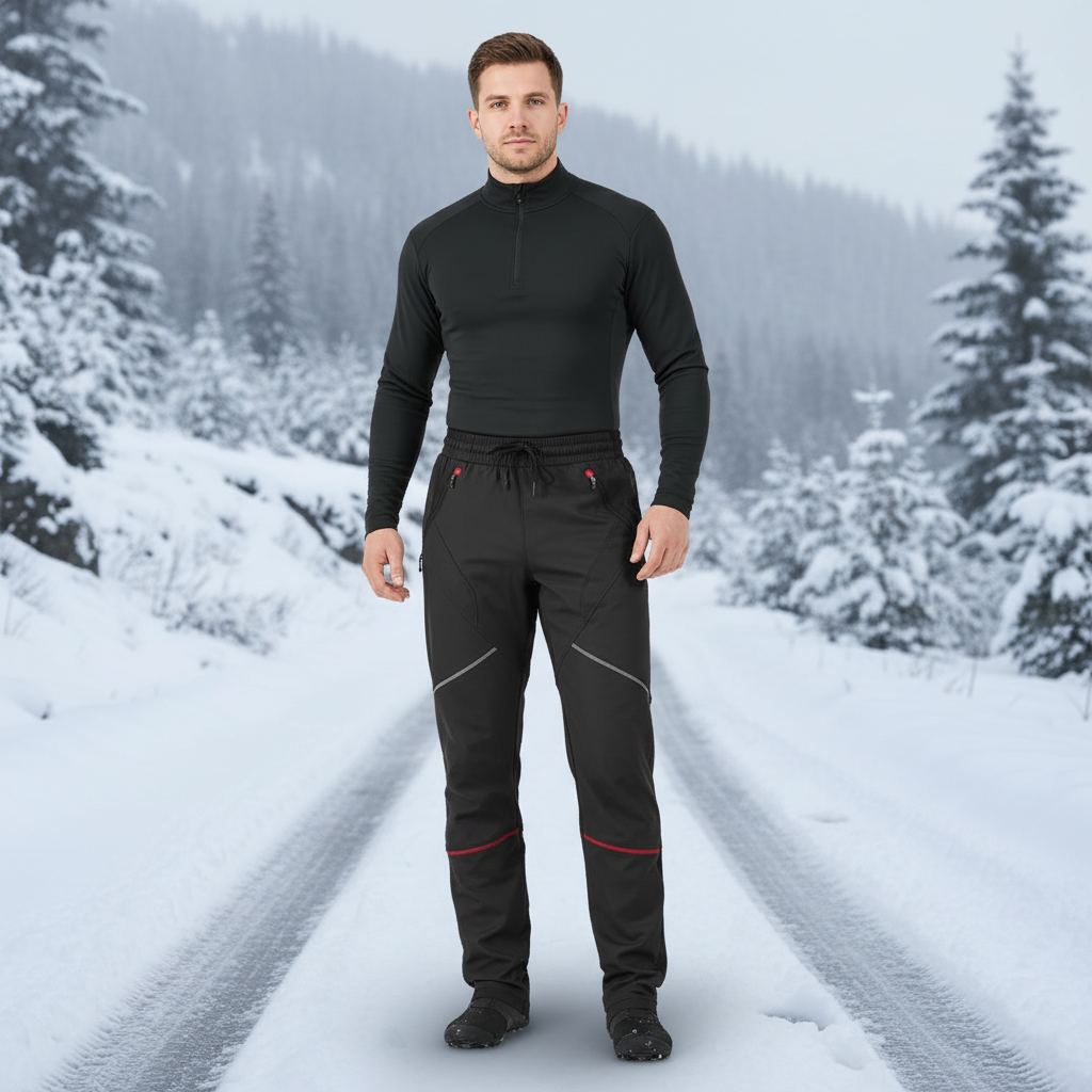 Men's thermal fleece cycling trousers, black, front view, for winter sports & outdoor gear