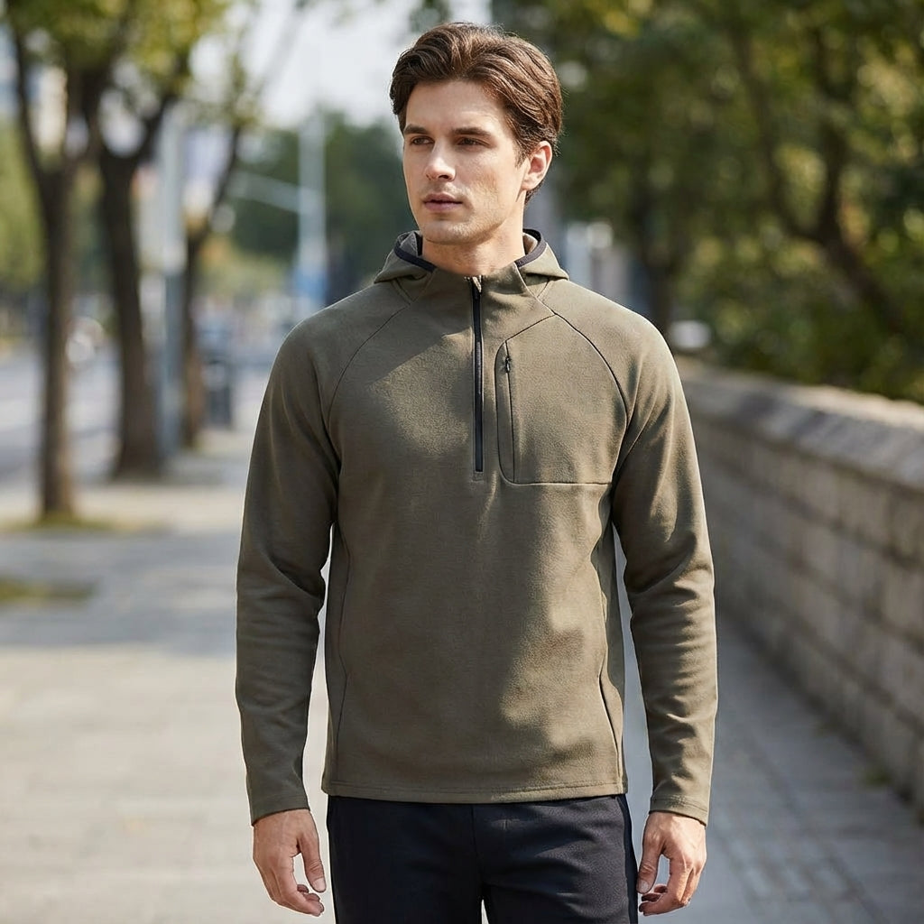 Men's thermal hooded half-zip jacket in black, ideal for athletic training & activewear