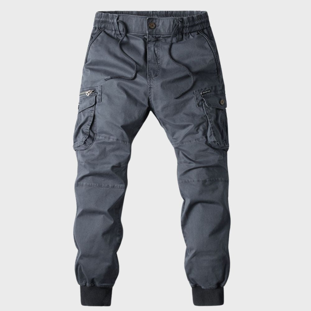 Modern men's streetwear cargo joggers, blending comfort with a trendy urban activewear look.
