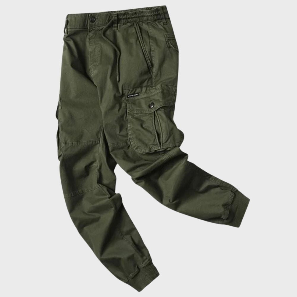 Tapered fit men's cargo joggers, offering a sleek athletic look with ultimate comfort and style.