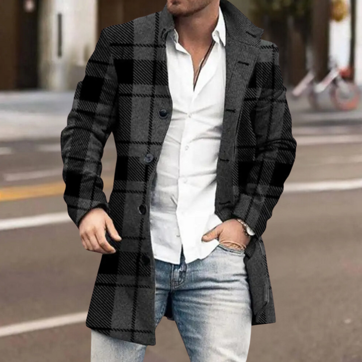 Stylish men's classic winter coat. Trendy fall outerwear for cold weather fashion and everyday apparel.