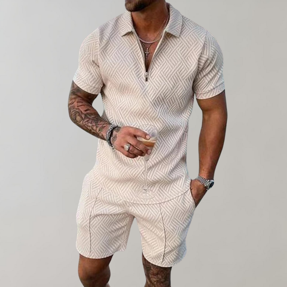 Trendy men's Timo 2-piece polo & shorts set. Ideal summer outfit for vacation, leisure, or casual everyday wear.