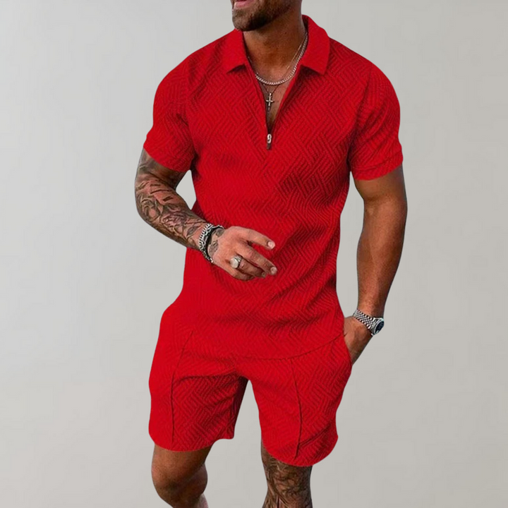 Men's trendy Timo 2-piece summer set featuring a stylish polo shirt & matching shorts. Casual men's fashion.