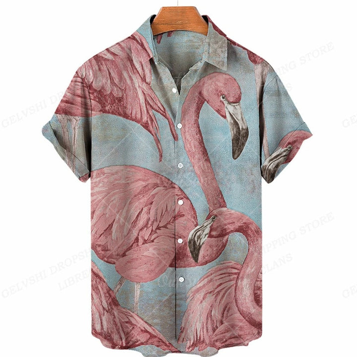 Close-up of men's tropical 3D flamingo button-up shirt, showcasing its vibrant summer print.