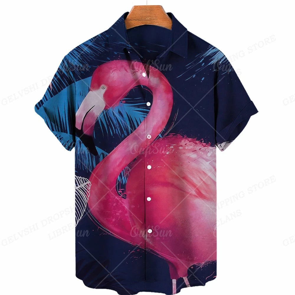 Unique men's 3D flamingo print shirt, a vibrant tropical button-up for bold summer fashion.