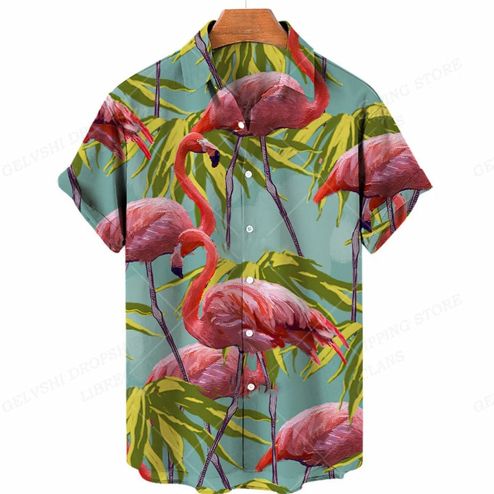 Casual men's tropical flamingo button-up shirt, a vibrant and comfortable choice for summer outings.